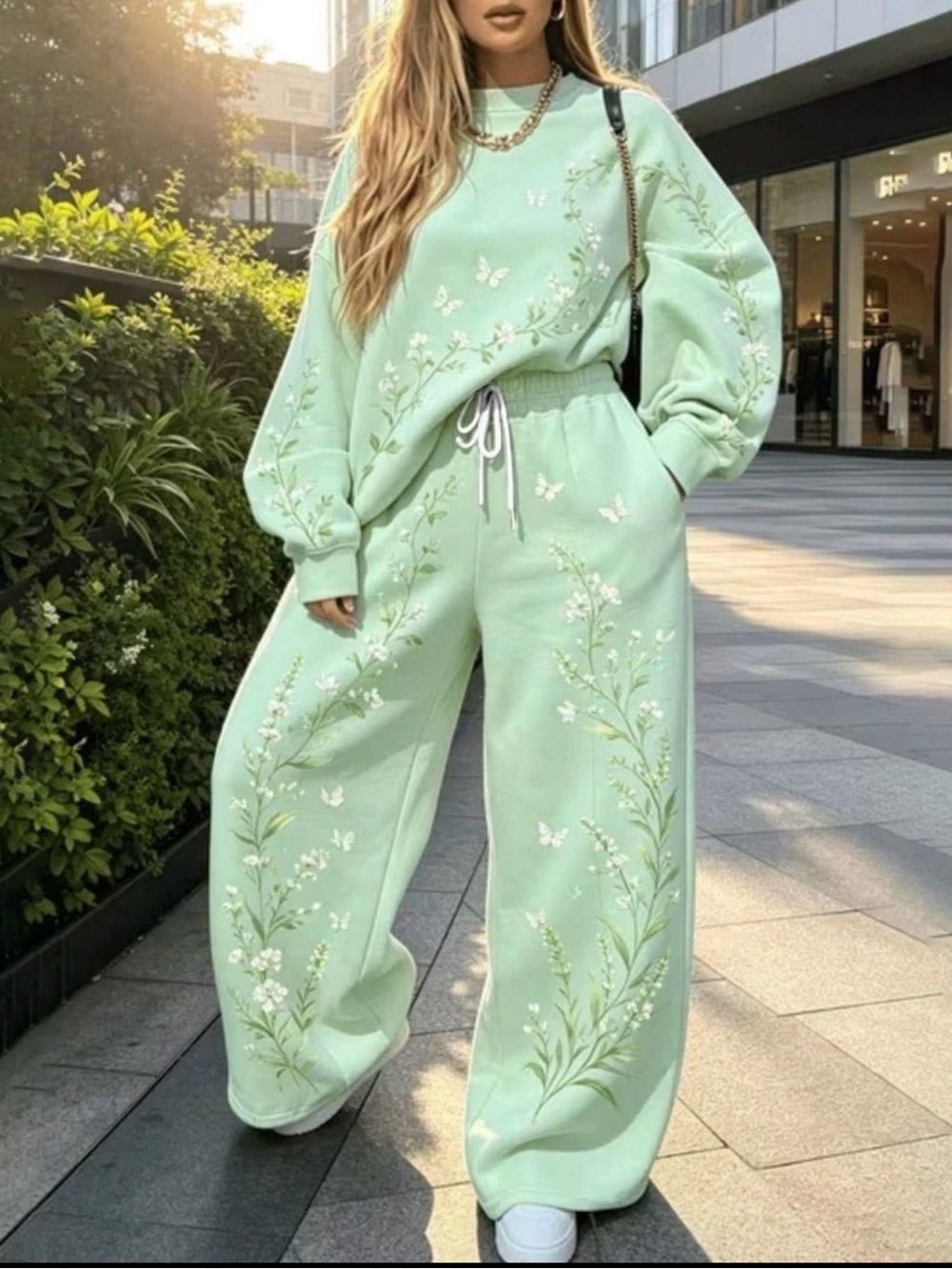 Embroidered Mint Green Wide-Leg Sweatpants by